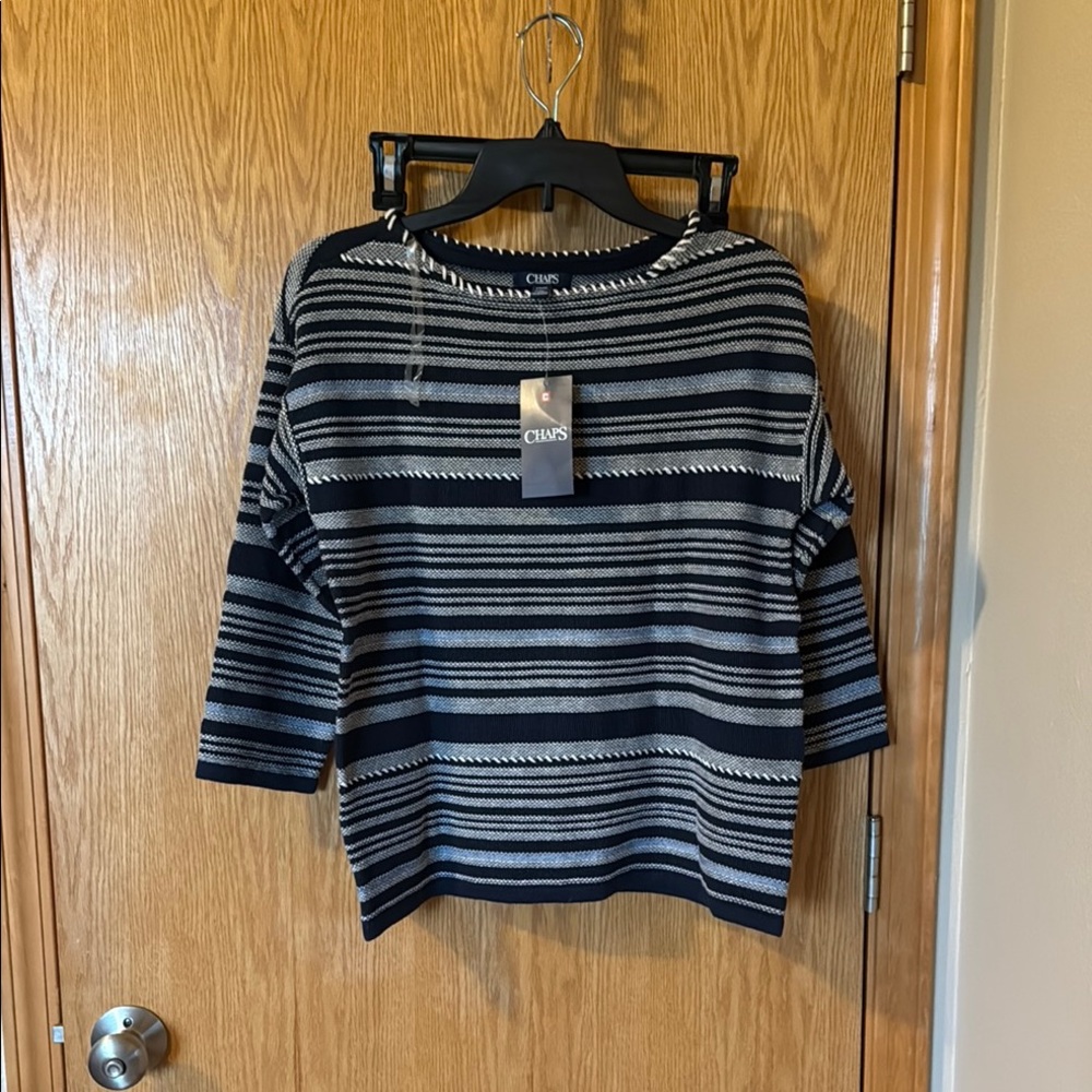 Chaps Black and Gray Crew Neck Sweater Classic Stripes